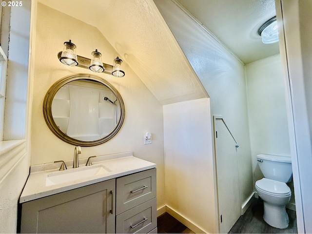 551 NW T St, Winston, OR 97496 - bathroom featuring baseboards, toilet, vanity, and vaulted ceiling