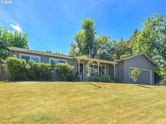 1720 Kilkenny Dr, Lake Oswego, OR 97034 - ranch-style house with a chimney, a front yard, and a garage