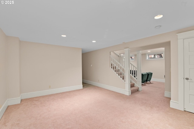 1620 NE Going St, Portland, OR 97211 - below grade area with light colored carpet, recessed lighting, and stairs