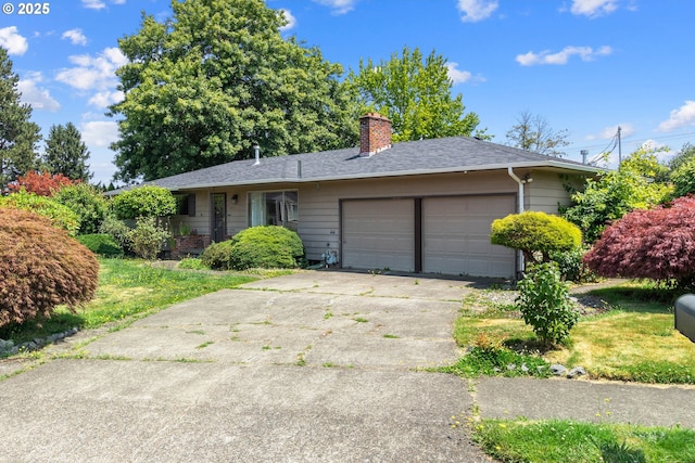 3602 NE 134th Ave, Portland, OR 97230 - ranch-style home with a garage, a chimney, driveway, and roof with shingles
