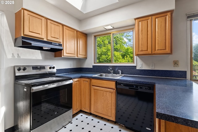3602 NE 134th Ave, Portland, OR 97230 - kitchen with black dishwasher, electric stove, under cabinet range hood, dark countertops, and a skylight