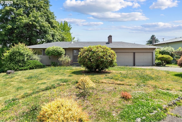 3602 NE 134th Ave, Portland, OR 97230 - ranch-style house with an attached garage, a front lawn, a chimney, and driveway