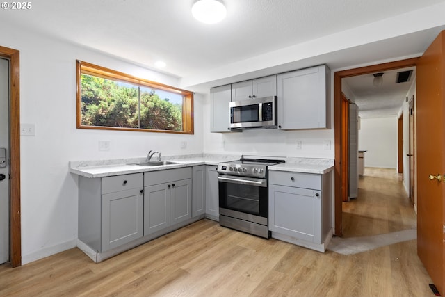 3602 NE 134th Ave, Portland, OR 97230 - kitchen featuring appliances with stainless steel finishes, gray cabinetry, light wood-style floors, and light countertops