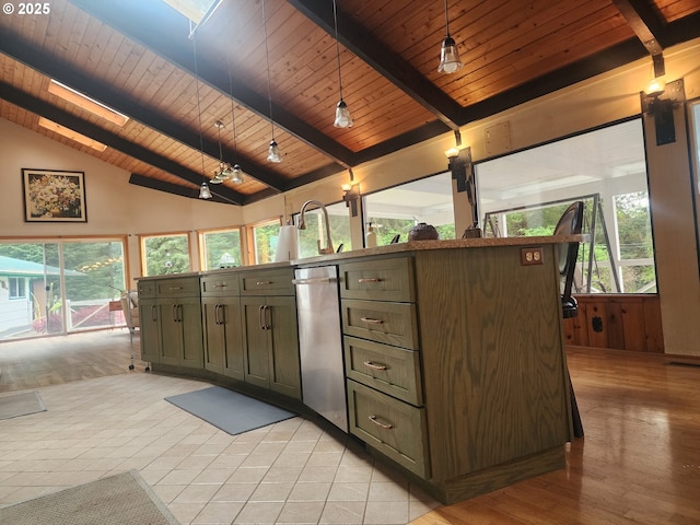 3062 S Tenmile, Lakeside, OR 97449 - interior space featuring wood ceiling, pendant lighting, a center island with sink, light wood-type flooring, and fridge