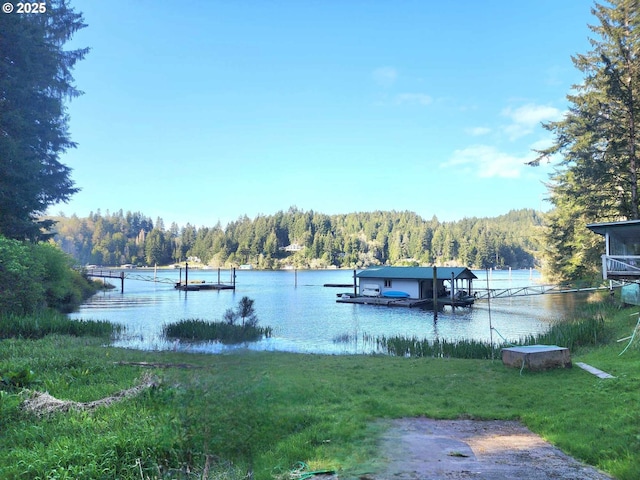 3062 S Tenmile, Lakeside, OR 97449 - dock area featuring a forest view, a water view, and a lawn