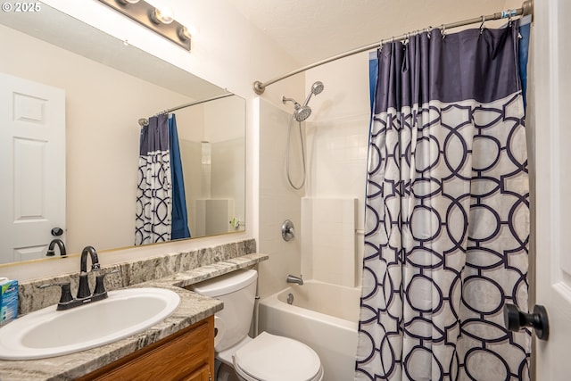 full bath featuring toilet, shower / bath combination with curtain, and vanity