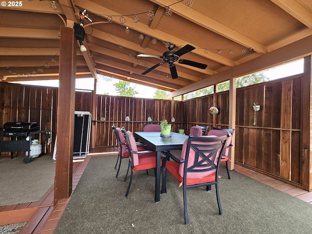 288 N Dorcas Dr, Keizer, OR 97303 - fenced backyard with ceiling fan, a grill, outdoor dining space, and a patio area