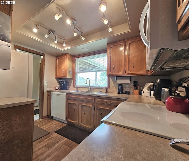 288 N Dorcas Dr, Keizer, OR 97303 - kitchen featuring white dishwasher, a raised ceiling, light wood-type flooring, and light countertops