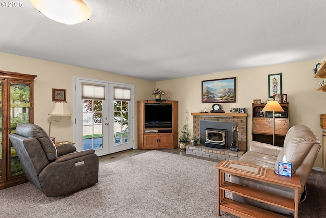 7735 Harpole St, Salem, OR 97317 - living room with a textured ceiling, french doors, and a wood stove
