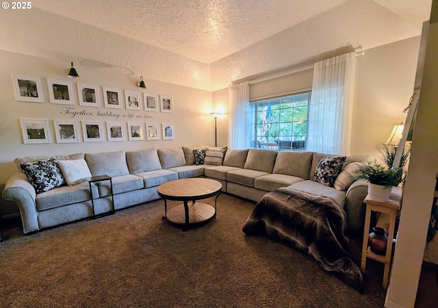 living area with carpet floors and a textured ceiling