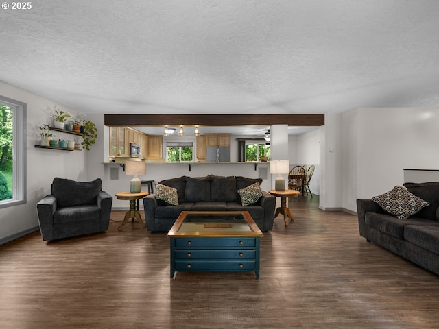 17222 SE Tickle Creek Rd, Boring, OR 97009 - living area featuring healthy amount of natural light, a textured ceiling, dark wood-style flooring, and baseboards