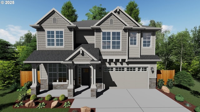 craftsman-style house with roof with shingles, concrete driveway, fence, a garage, and stone siding