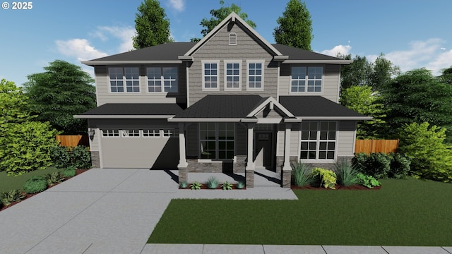 craftsman-style home featuring a garage, fence, stone siding, concrete driveway, and a front lawn