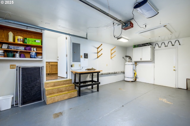 garage with strapped water heater, electric panel, and a garage door opener