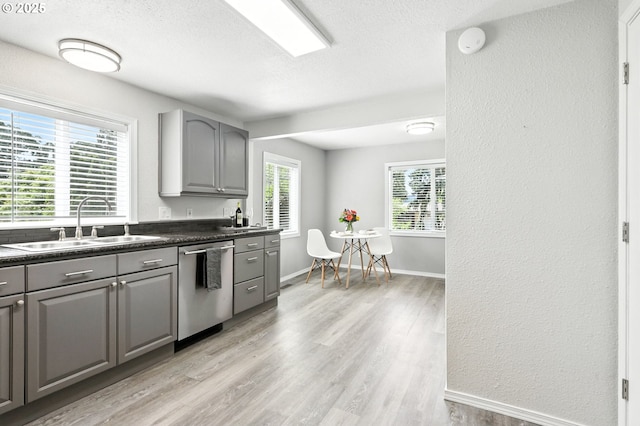 16510 SE Gordon St, Milwaukie, OR 97267 - kitchen with stainless steel dishwasher, gray cabinets, dark countertops, light wood-type flooring, and a textured ceiling
