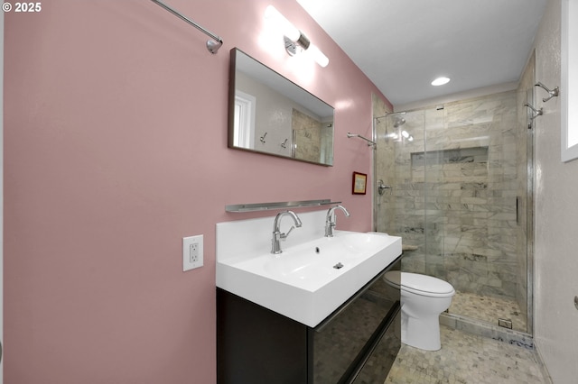 3765 Potter St, Eugene, OR 97405 - bathroom featuring toilet, a shower stall, vanity, and recessed lighting