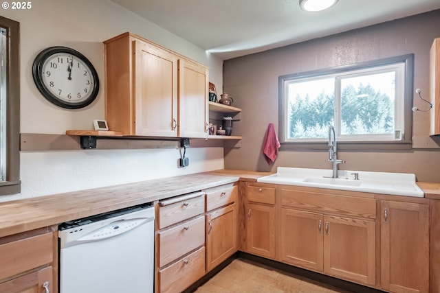 9602 Harlan Rd, Eddyville, OR 97343 - kitchen with open shelves, a sink, light brown cabinets, dishwasher, and butcher block counters