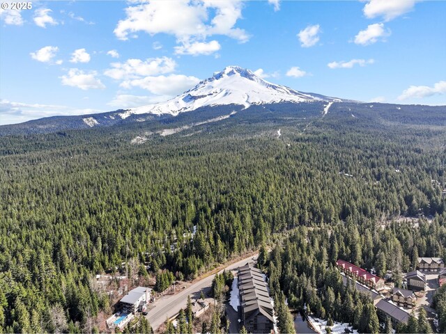 drone / aerial view featuring a view of trees and a mountain view