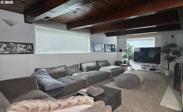 14128 NE Rose Pkwy, Portland, OR 97230 - carpeted living area with a wood ceiling with exposed beams