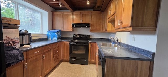 14128 NE Rose Pkwy, Portland, OR 97230 - kitchen with black appliances, under cabinet range hood, dark countertops, a wood ceiling with exposed beams, and brown cabinets