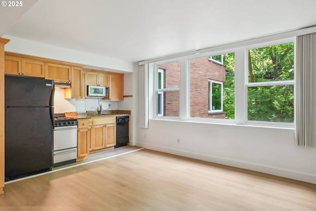 1205 SW Cardinell Dr Unit 604, Portland, OR 97201 - kitchen featuring black appliances, light wood-type flooring, baseboards, and healthy amount of natural light