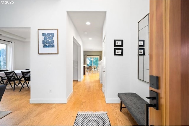 hall with a healthy amount of sunlight, light wood-style flooring, and baseboards