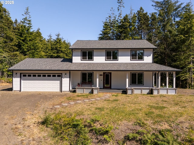 510 SE 130th Dr, Newport, OR 97366 - view of front of property featuring a garage, dirt driveway, covered porch, a front lawn, and roof with shingles