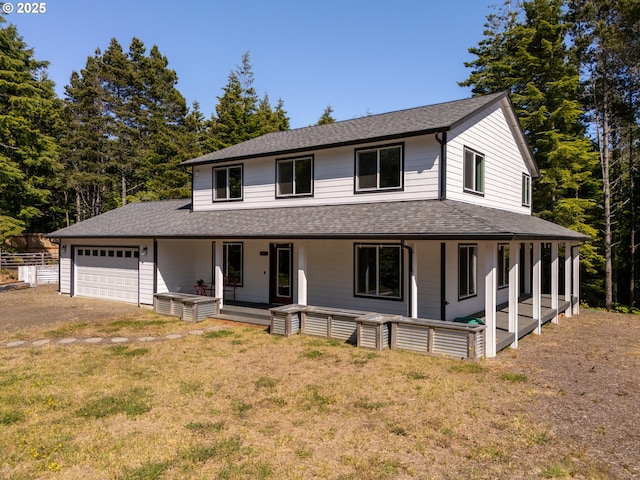510 SE 130th Dr, Newport, OR 97366 - farmhouse featuring a shingled roof, an attached garage, a porch, and dirt driveway