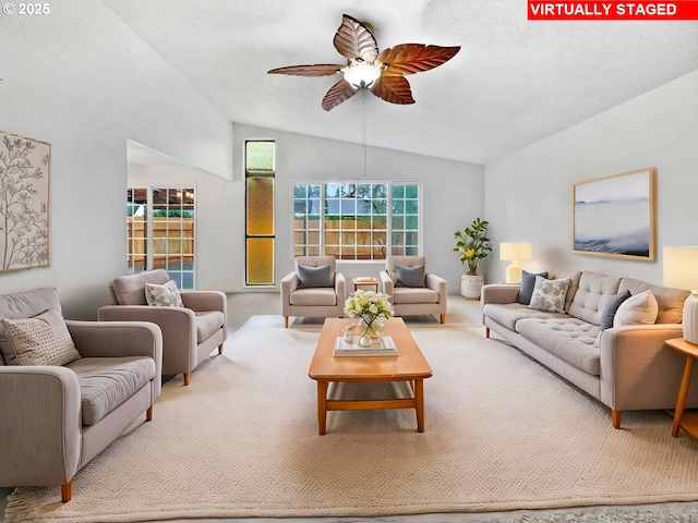 157 SE 205th Dr, Gresham, OR 97030 - living area featuring lofted ceiling, ceiling fan, and carpet flooring