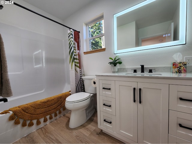 bathroom with toilet, vanity, and wood finished floors