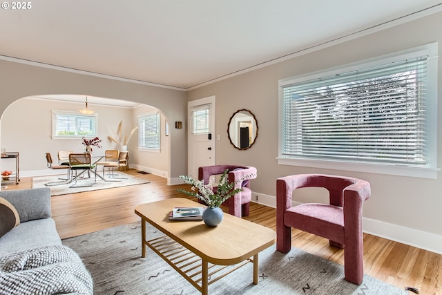 living area featuring wood finished floors, baseboards, arched walkways, and ornamental molding