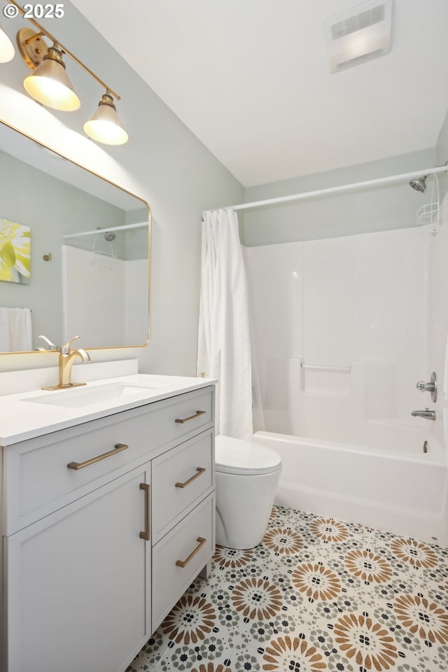 315 W 13th St, The Dalles, OR 97058 - bathroom featuring shower / bath combo with shower curtain, vanity, toilet, and tile patterned floors