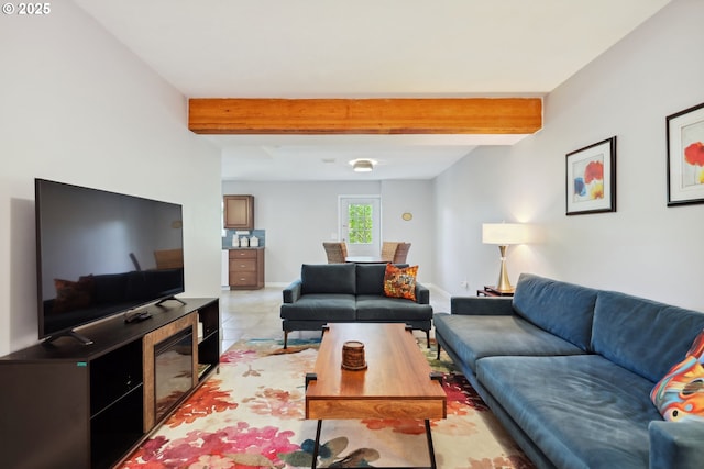 315 W 13th St, The Dalles, OR 97058 - living room featuring beamed ceiling and light tile patterned floors