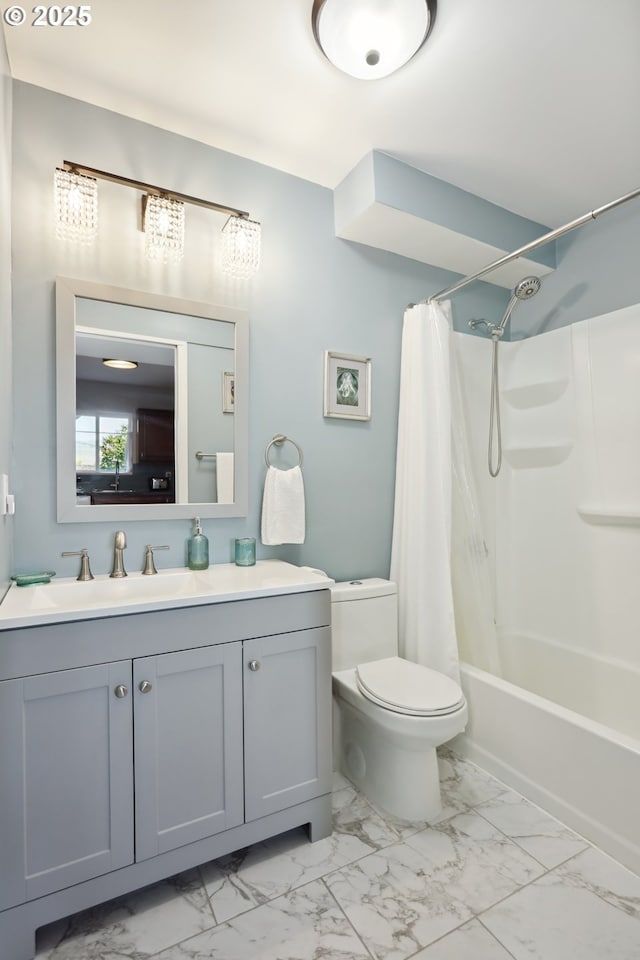 315 W 13th St, The Dalles, OR 97058 - full bathroom with marble look tiles, vanity, toilet, and shower / bath combination with curtain
