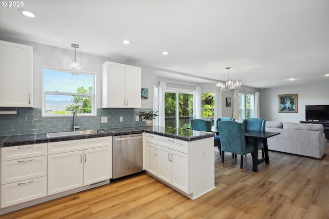 315 W 13th St, The Dalles, OR 97058 - kitchen with dishwasher, a sink, open floor plan, white cabinets, and a peninsula