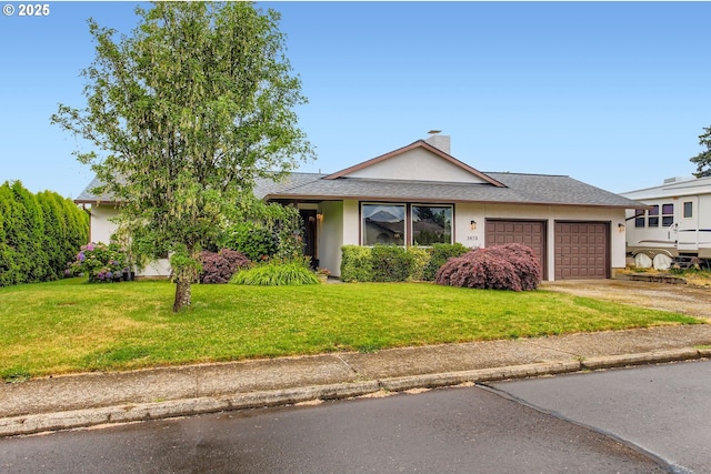 1473 N Locust St, Canby, OR 97013 - view of front of property with an attached garage, driveway, a front lawn, stucco siding, and a chimney
