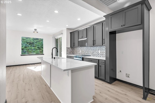 kitchen featuring light wood-type flooring, a kitchen island with sink, a sink, backsplash, and stainless steel appliances