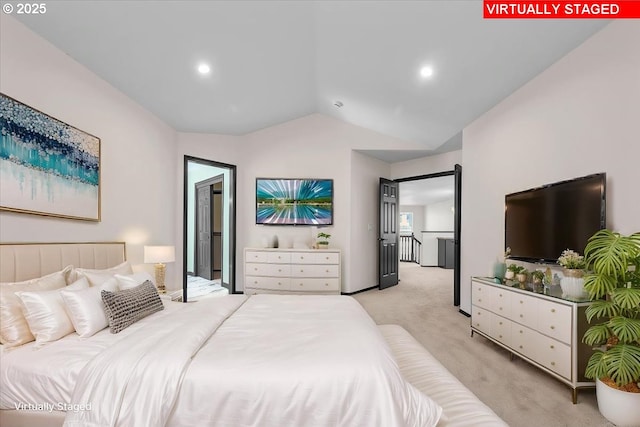 bedroom featuring light carpet, recessed lighting, and lofted ceiling