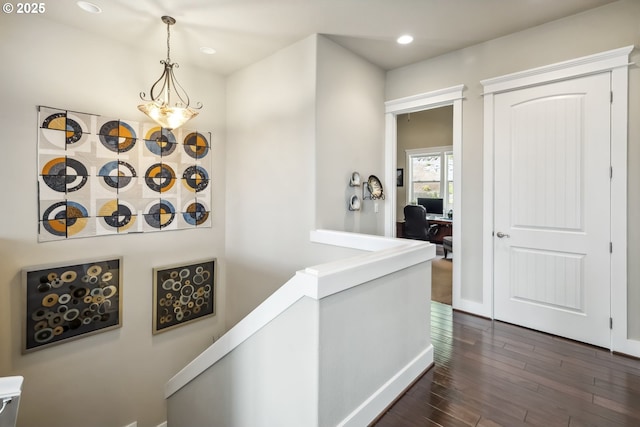 10448 SE 147th Ave, Happy Valley, OR 97086 - corridor with an office area, recessed lighting, dark wood-style floors, and an upstairs landing