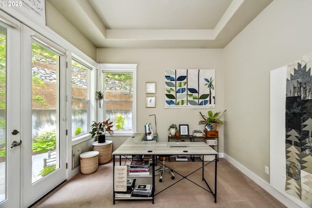 10448 SE 147th Ave, Happy Valley, OR 97086 - home office with carpet floors, a tray ceiling, and baseboards