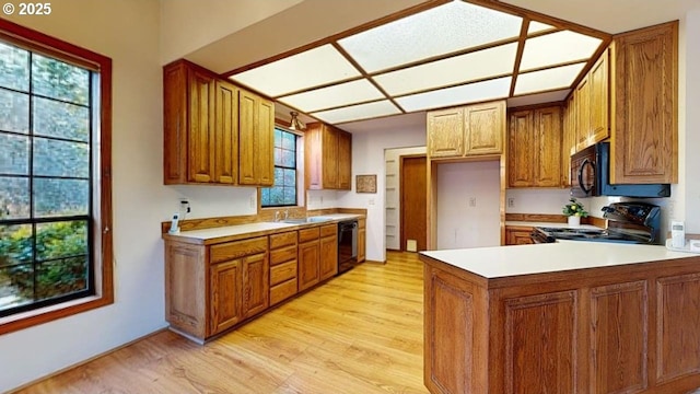 kitchen featuring sink, kitchen peninsula, light wood-type flooring, and black appliances