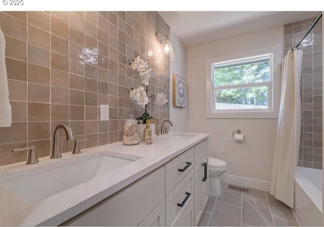 3175 Glen Creek Rd, Salem, OR 97304 - full bathroom with double vanity, toilet, shower / tub combo with curtain, baseboards, and tile patterned flooring