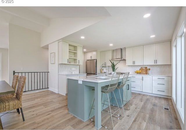 3175 Glen Creek Rd, Salem, OR 97304 - kitchen with freestanding refrigerator, open shelves, a sink, light countertops, and backsplash