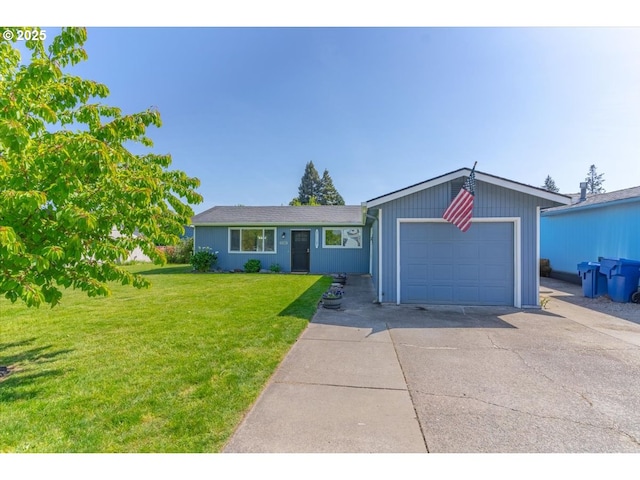single story home featuring driveway, a front yard, and a garage