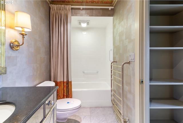 full bath with toilet, vanity, and shower / bath combination with curtain