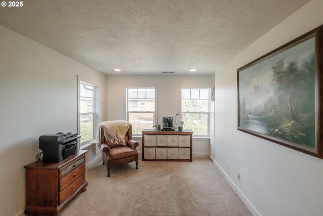 sitting room with a healthy amount of sunlight, baseboards, light carpet, and a textured ceiling