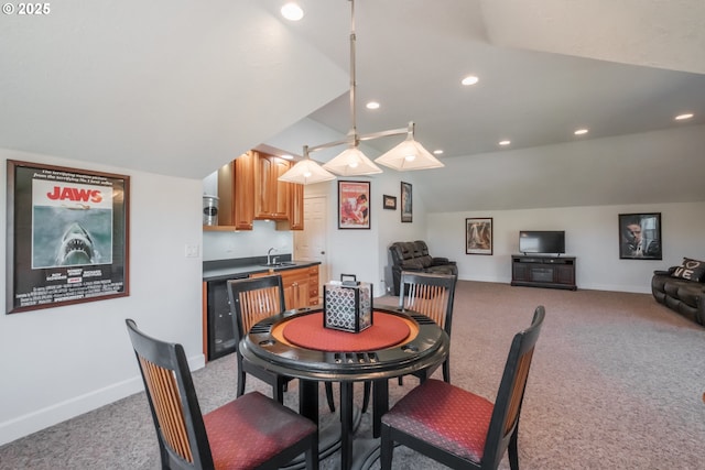 dining space with recessed lighting, baseboards, and light carpet