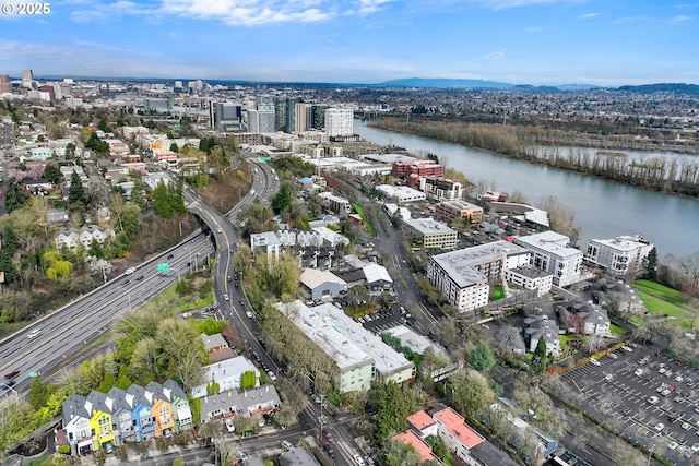 bird's eye view with a city view and a water view
