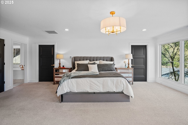 carpeted bedroom featuring recessed lighting, a chandelier, baseboards, and ornamental molding