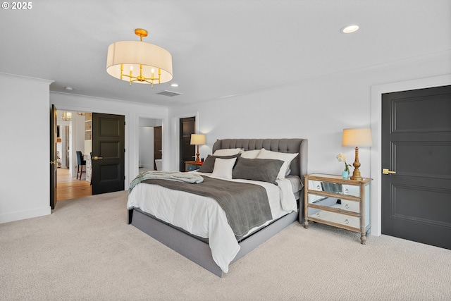 carpeted bedroom featuring a chandelier, ornamental molding, recessed lighting, and baseboards